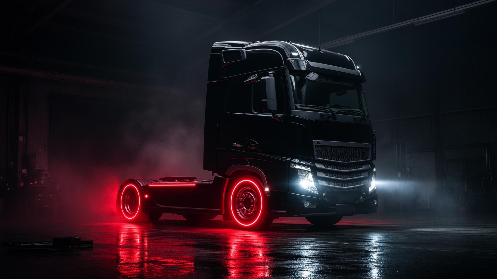Premium black truck w cinematic czerwonym oświetleniu